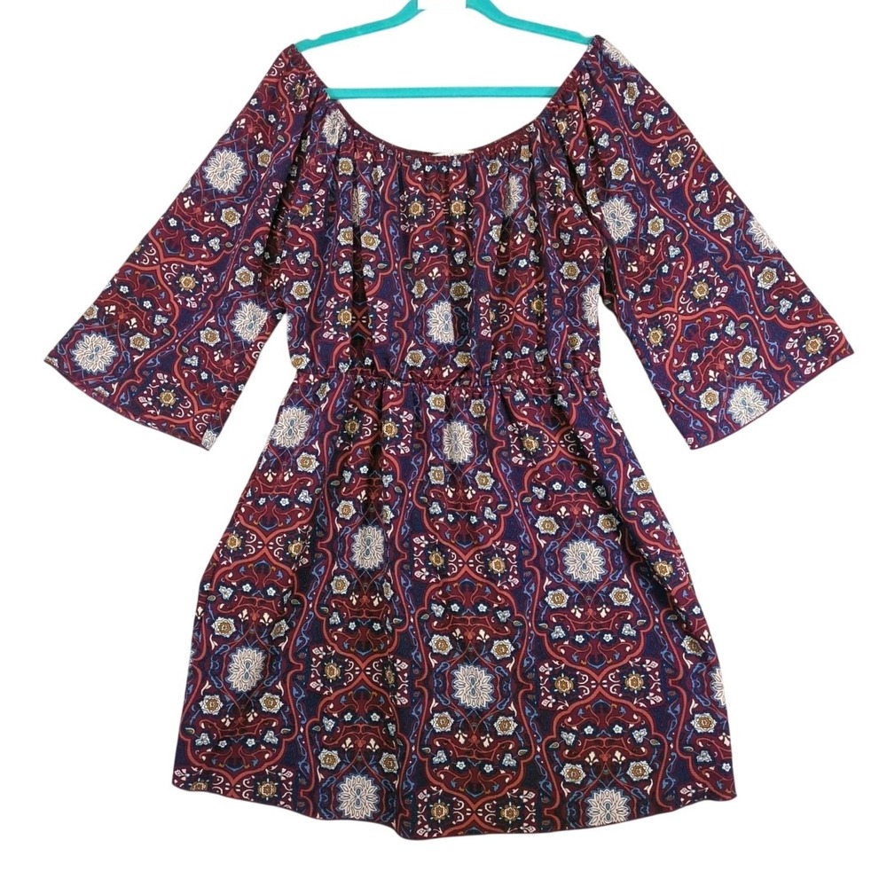 Love Cameron Burgundy Floral Blouson Mini Dress Plus Size 1X Elastic Waist Boho